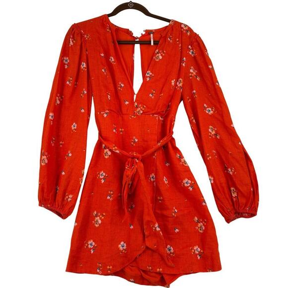 Free People Dresses & Skirts - Free People Mini Dress Size 4 Orange Floral Belted Faux Wrap Balloon Sleeves